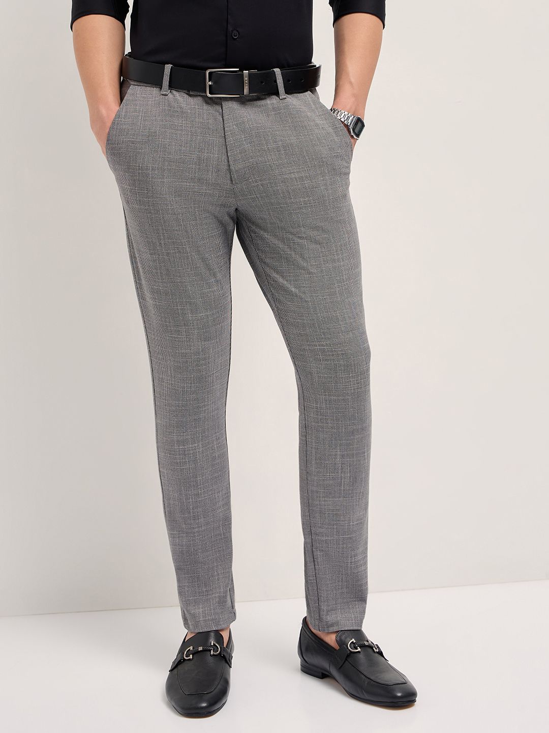 THE BEAR HOUSE Men Woven Textured Slim Fit Formal Trouser