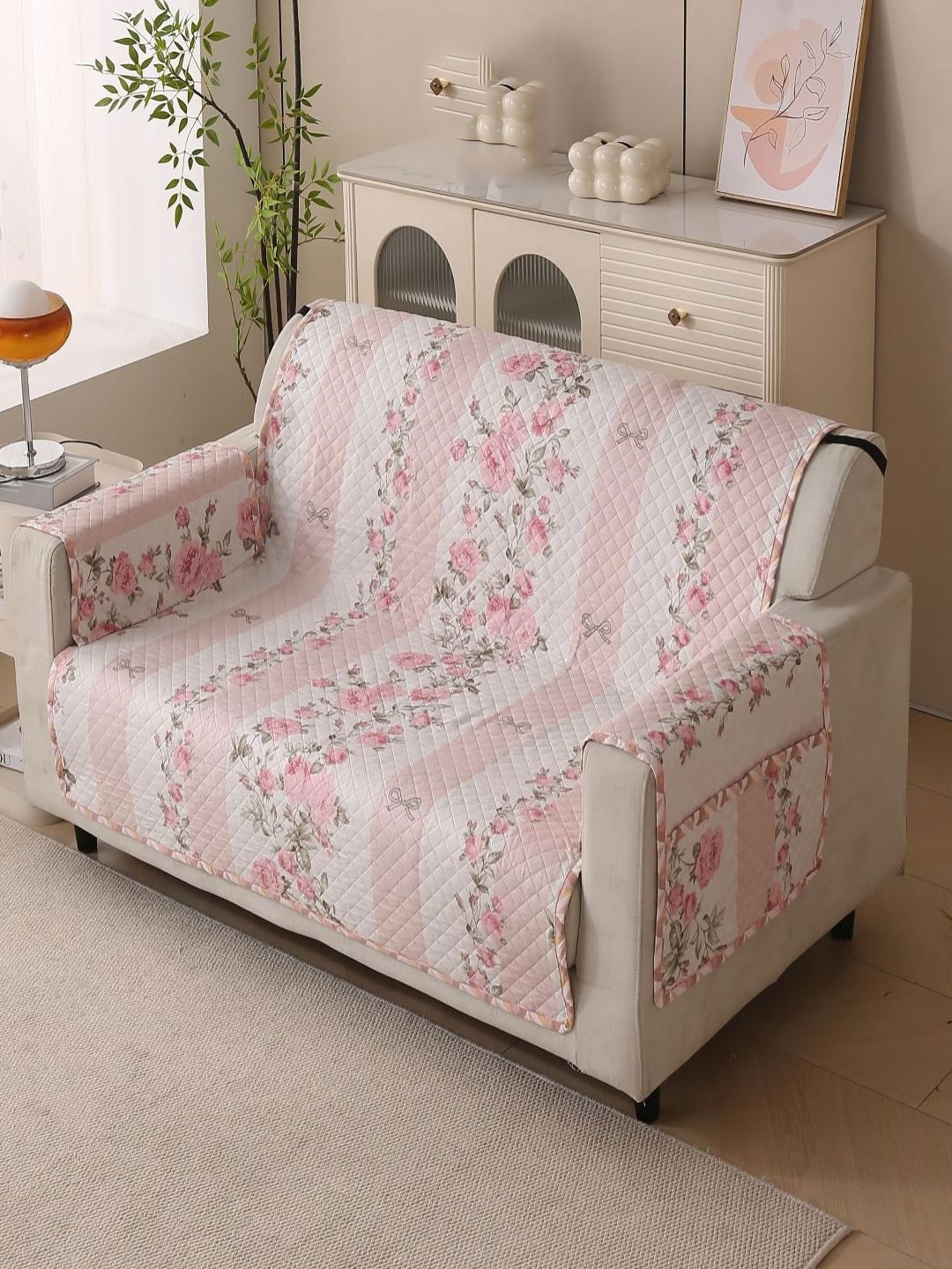 HOUSE OF QUIRK HOUSE OF QUIRK Two Seater Pink & White Printed Sofa Cover With Arms
