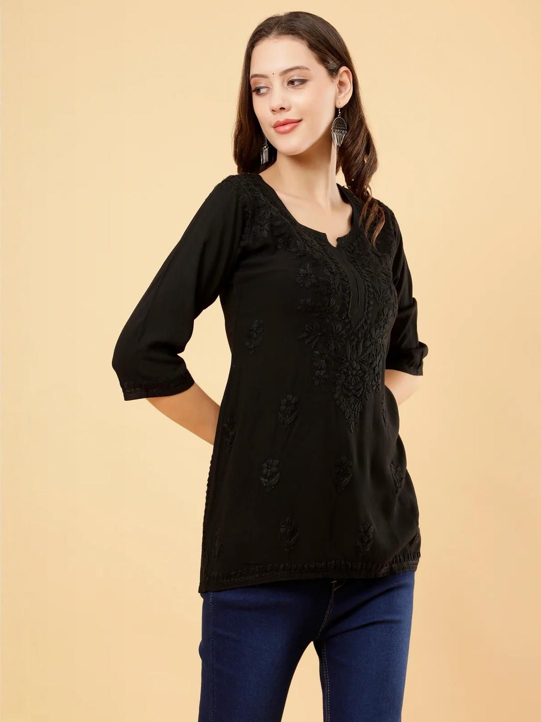Dyed Short Rayon Lucknowi Chikankari Kurti for Women - Soft & Breathable