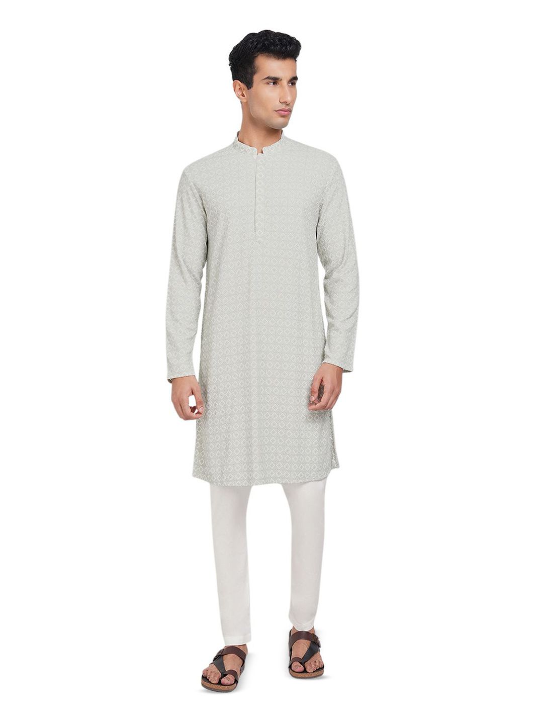 indus route by Pantaloons Geometric Printed Mandarin Collar Pure Cotton Straight Kurta