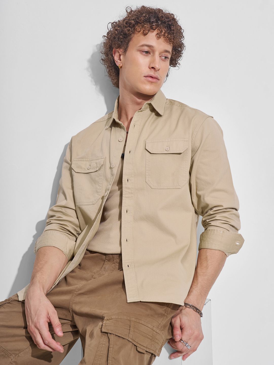 HIGHLANDER HIGHLANDER Relaxed Fit Self Design Dobby Weave Casual Shirt
