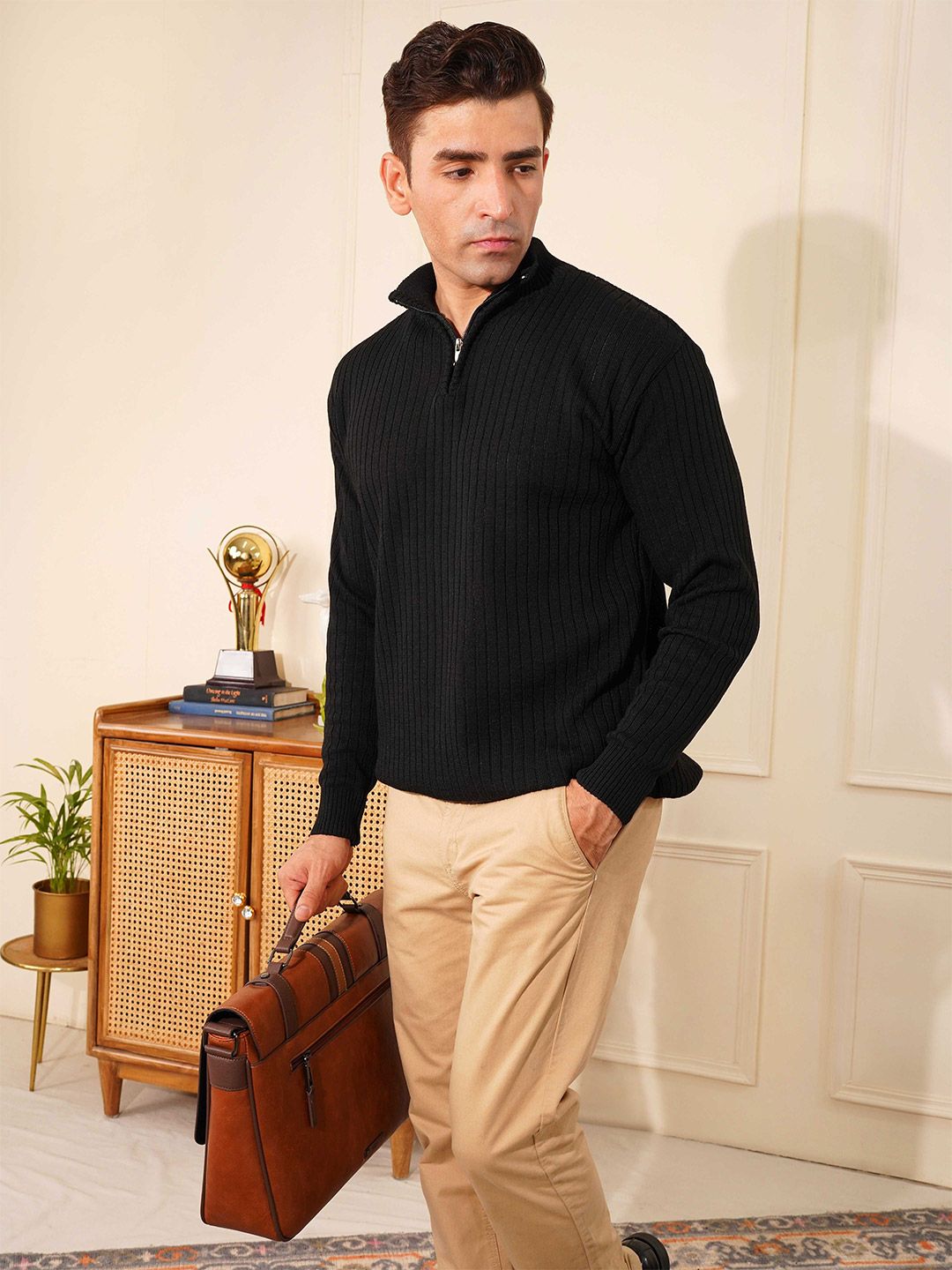 Buy KVETOO Ribbed High Neck Half Zipper Pullover - Sweaters for