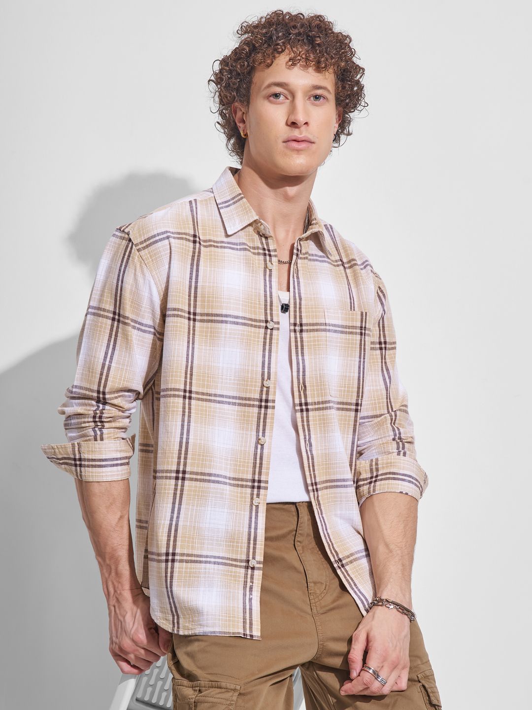 HIGHLANDER Relaxed Fit Checked Long Sleeves Cotton Casual Shirt