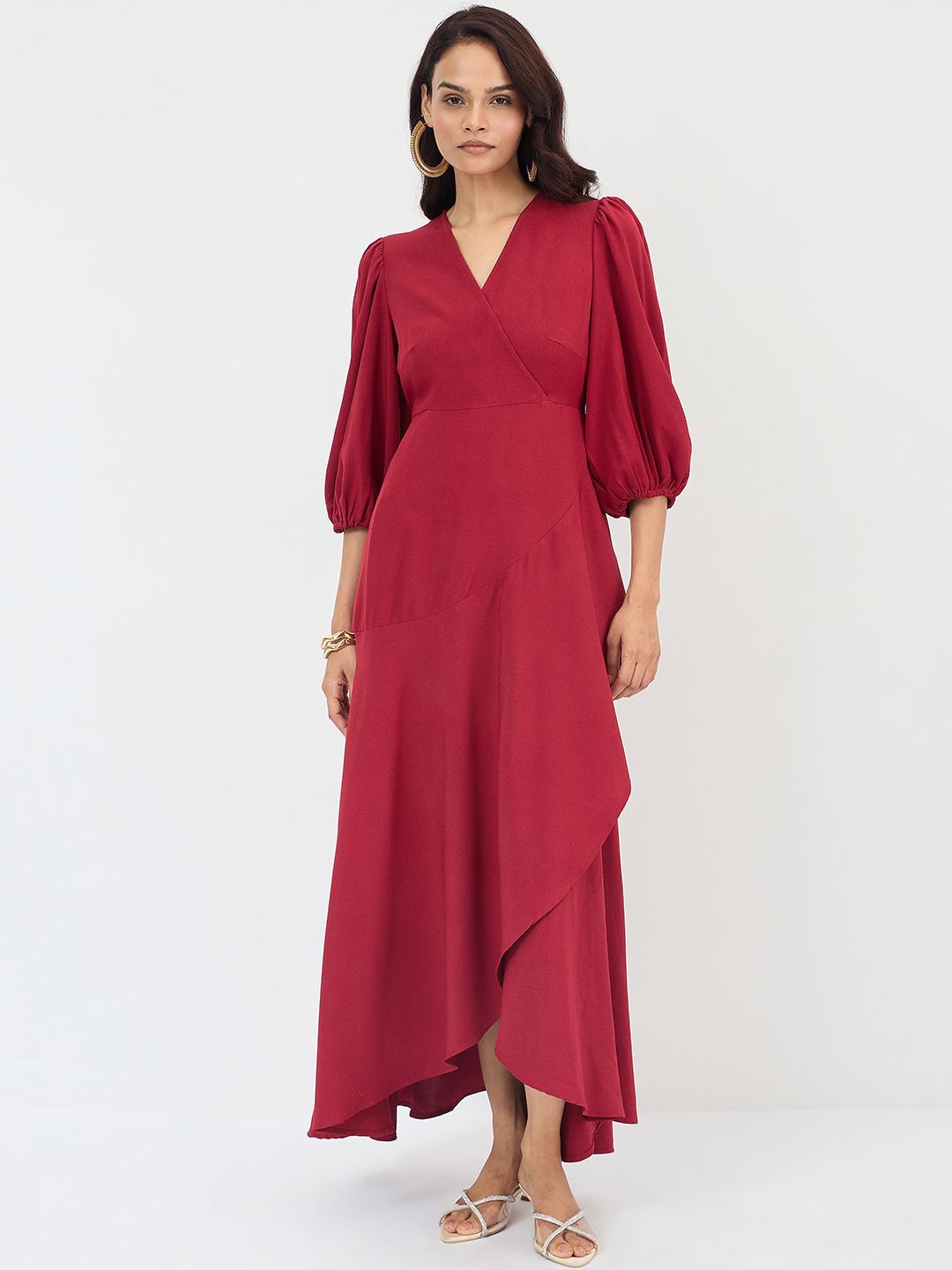 FEMMELLA Women V-Neck Puff Sleeve Maxi Dress