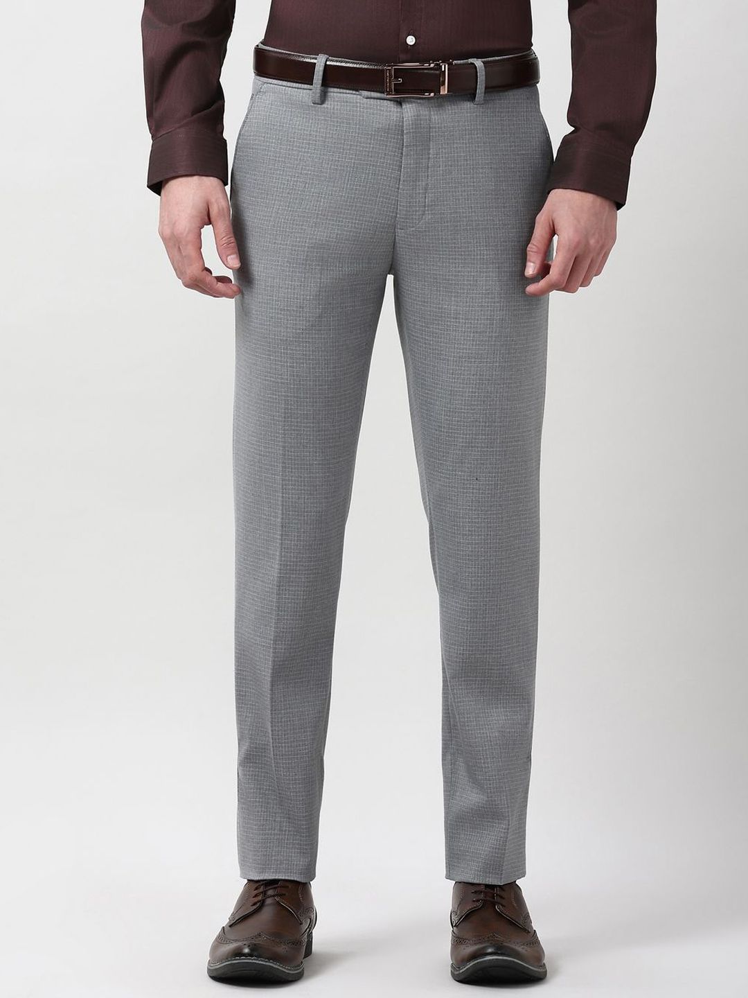Peter England Elite Men Checked Slim Fit Mid-Rise Formal Trousers