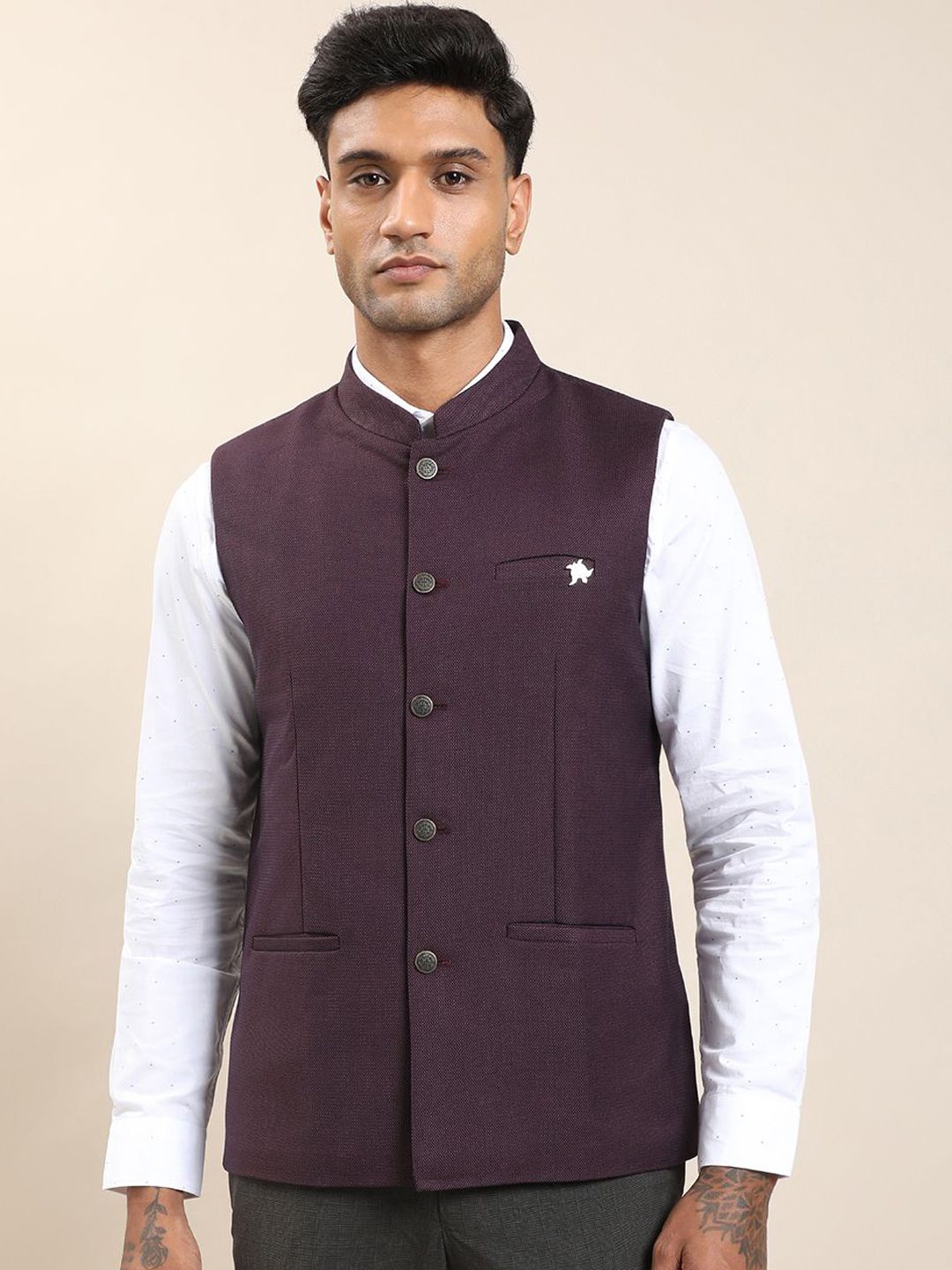 Turtle Self-Design Slim-Fit Nehru Jacket