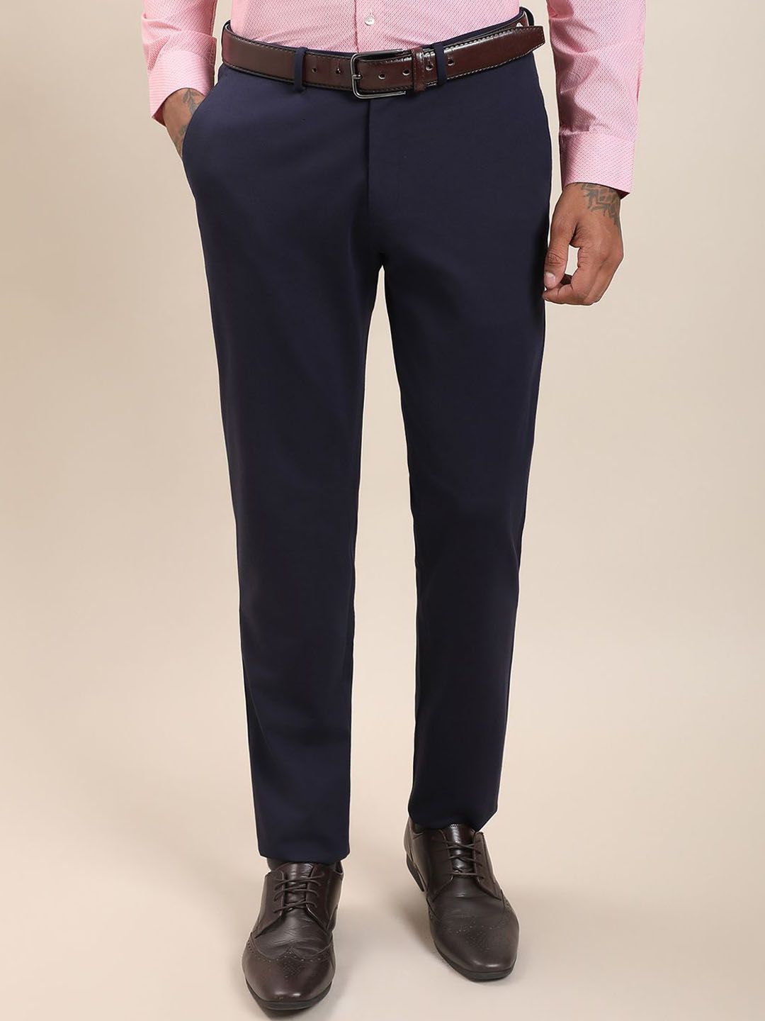 Turtle Men Tailored Slim Fit Mid-Rise Formal Trousers