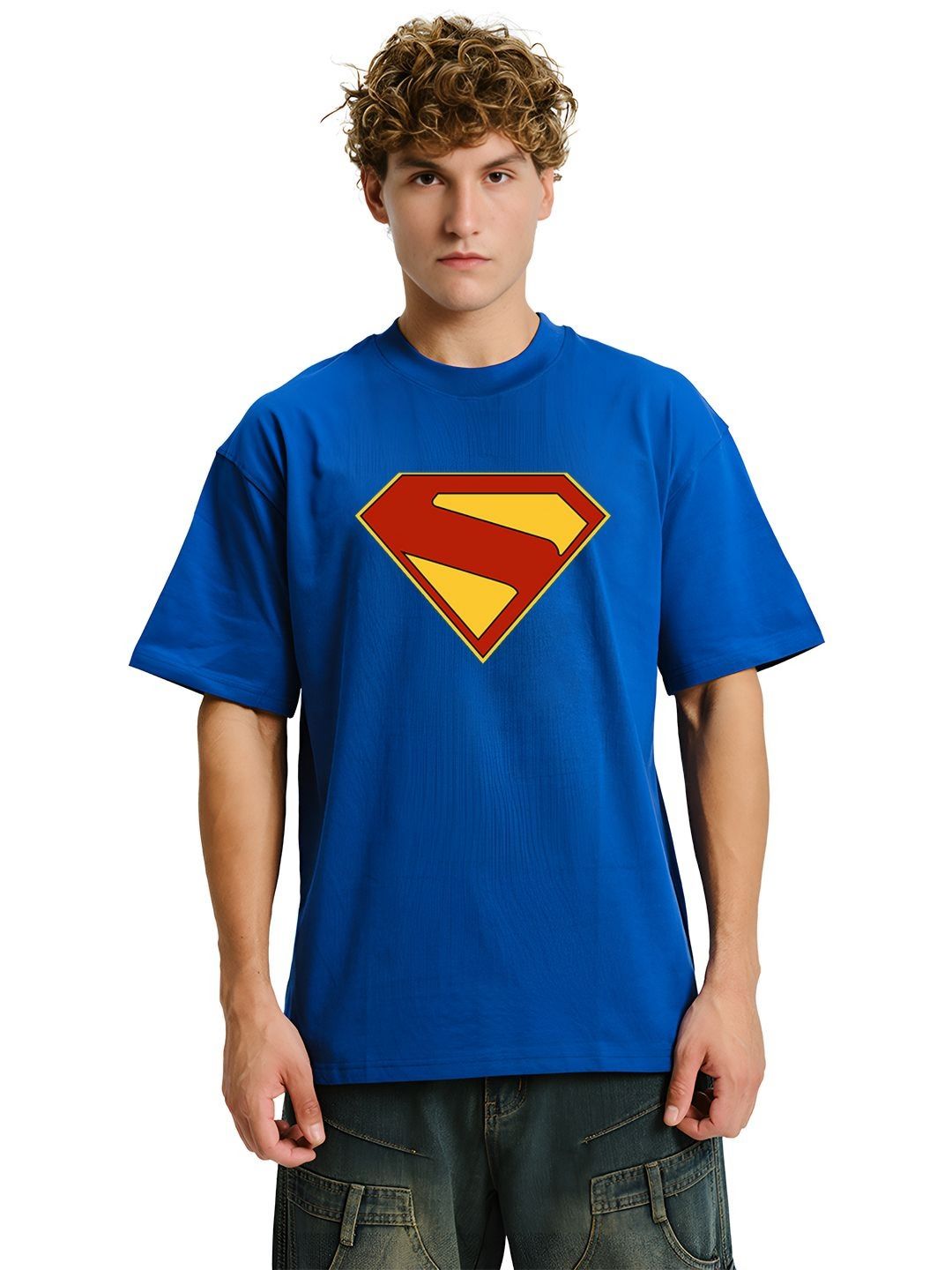 BDSQUARE Superman Graphic Printed Drop-Shoulder Sleeves Oversized Cotton T-shirt
