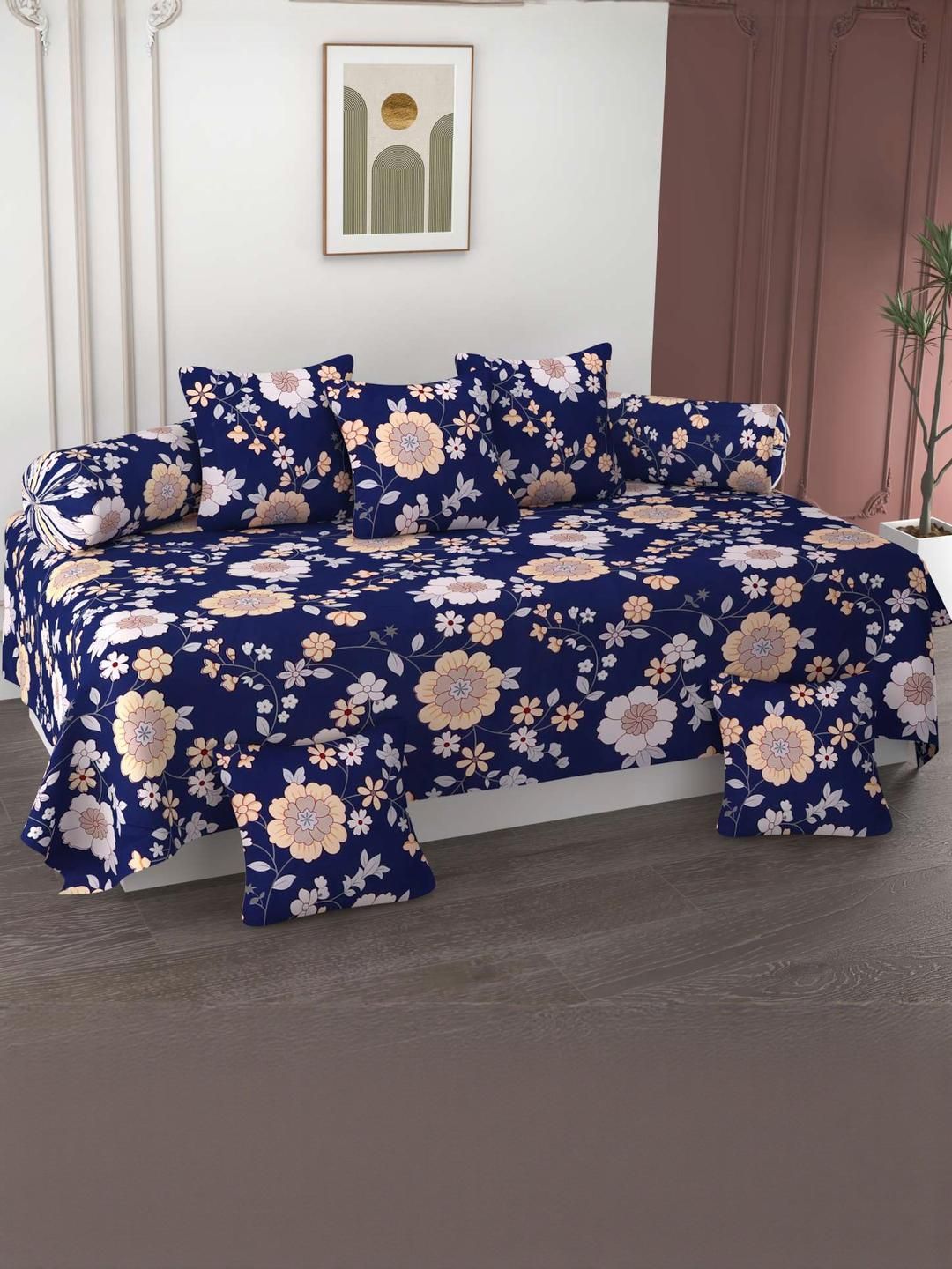 HIYANSHI HOME FURNISHING Navy Blue Floral Printed Cotton Diwan Set