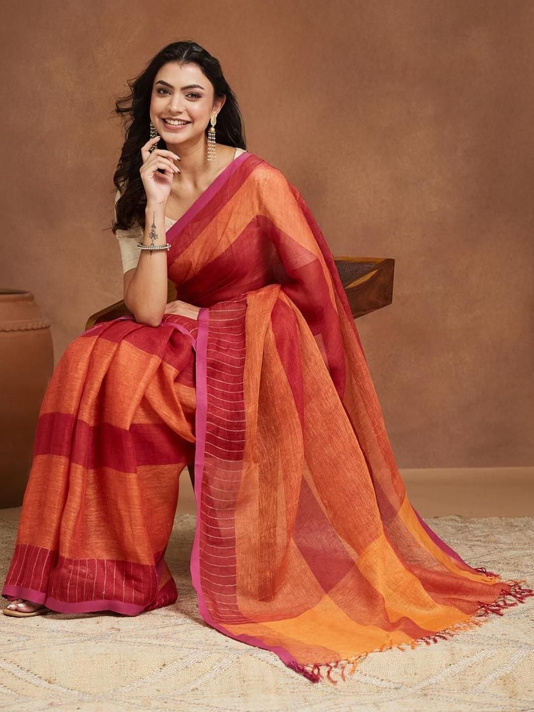 Fabindia Fabindia Colourblocked Pure Linen Saree