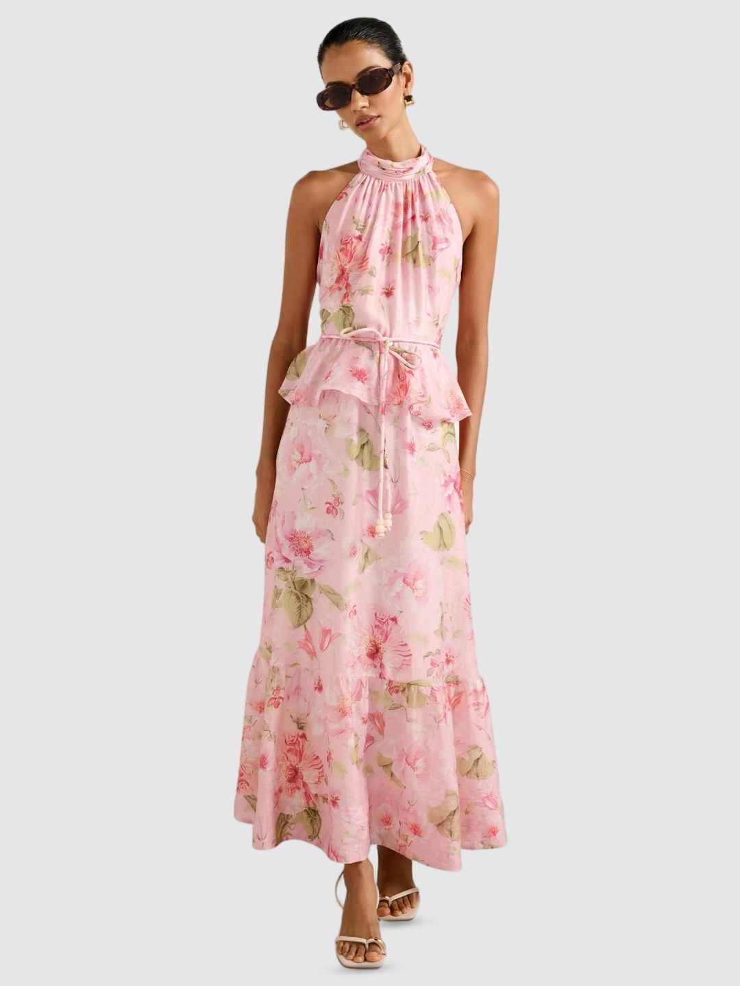 Forever New Forever New Floral Print Gathered or Pleated Halter Neck A-Line Midi Dress