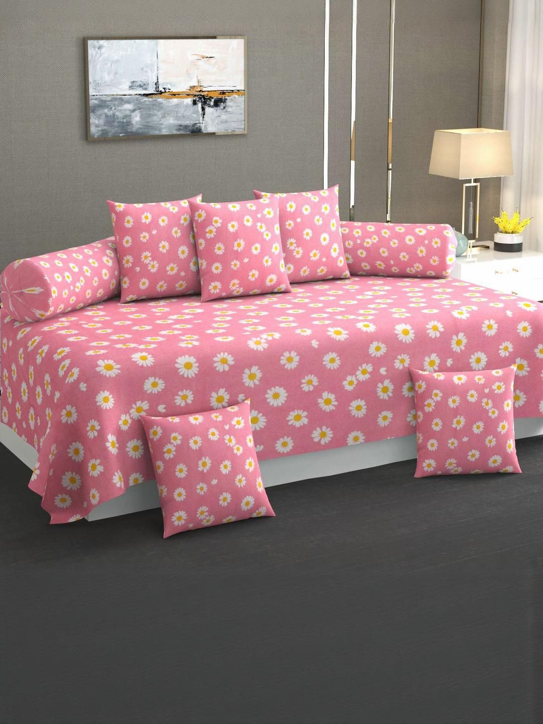 HIYANSHI HOME FURNISHING Pink & White Cotton 8-Pieces Diwan Set