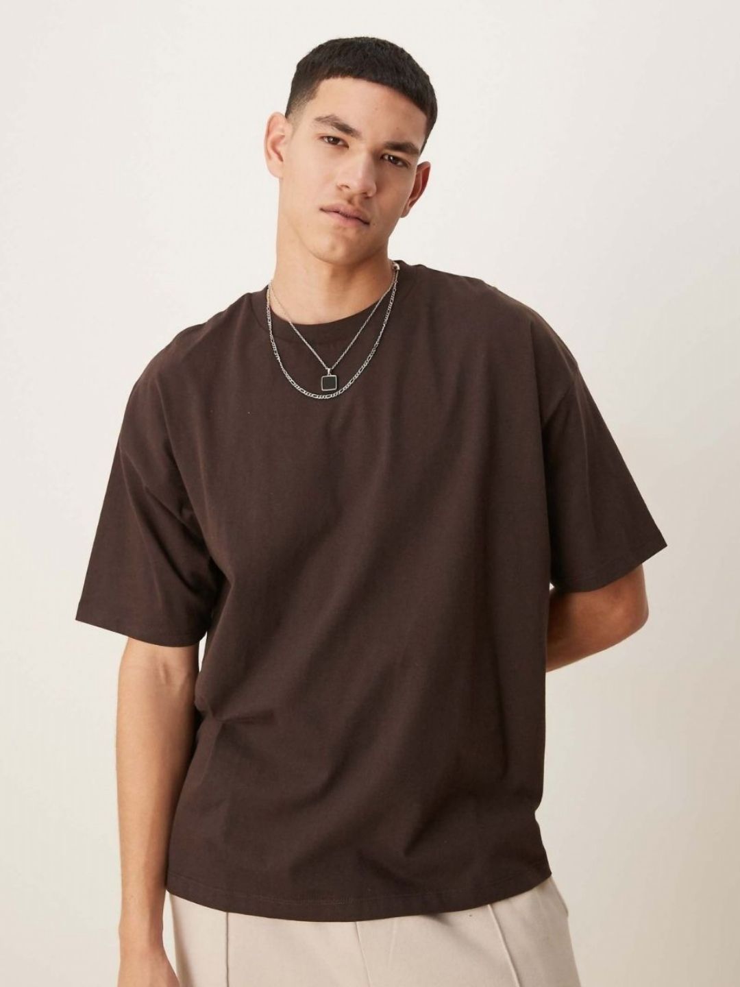SMAN Oversized Brown Cotton T-shirt with Drop-Shoulder Sleeves