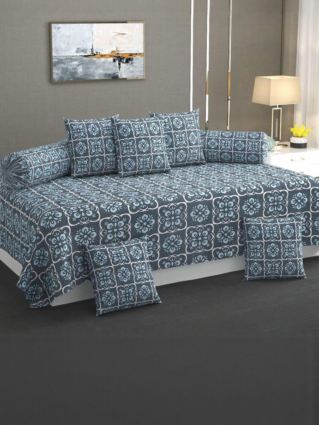HIYANSHI HOME FURNISHING Blue & Grey 8 Pcs Floral Printed Cotton Diwan Set