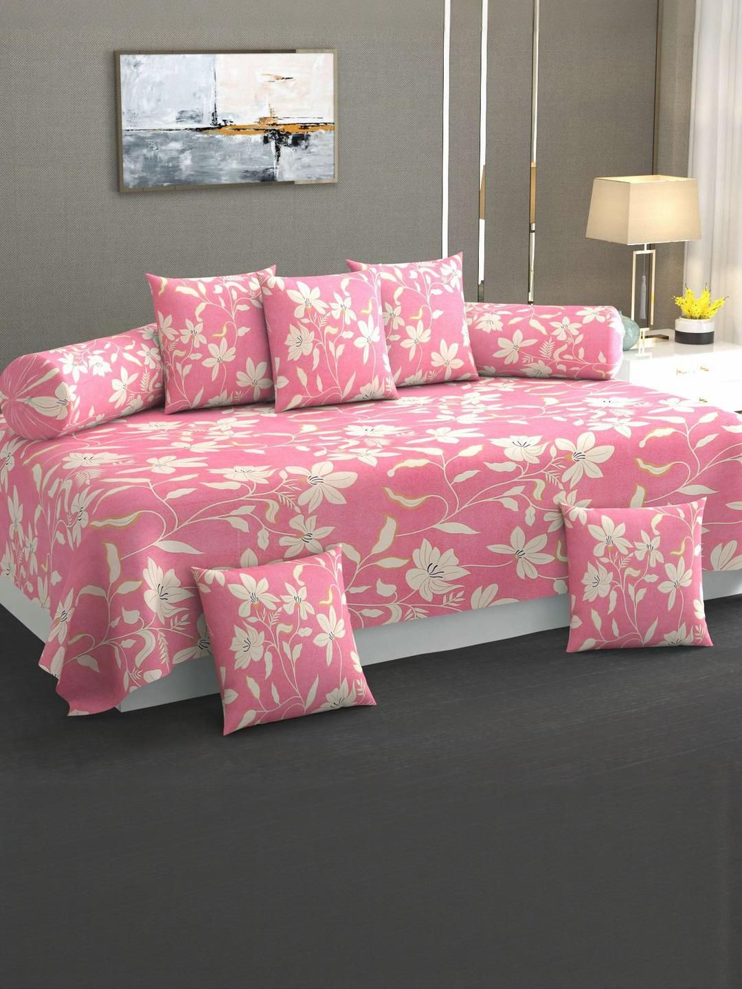 HIYANSHI HOME FURNISHING Pink & White Cotton 8-Pieces Diwan Set