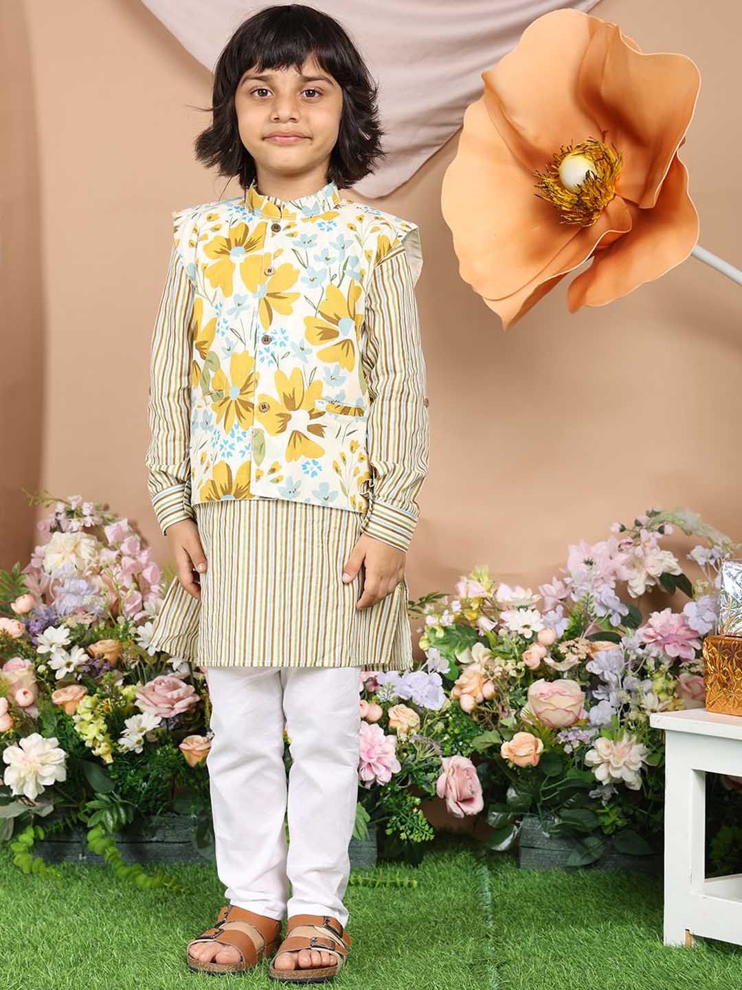 LIL PITAARA Boys Floral Striped Pure Cotton Kurta with Pyjama & Nehru Jacket