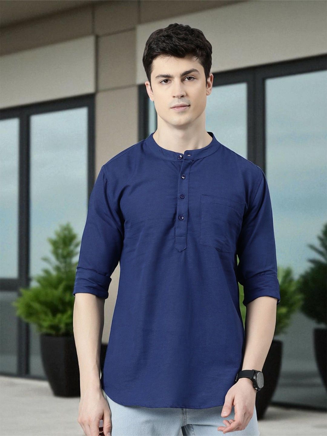 Kryptic Mandarin Collar Pure Cotton Pocket Long Sleeves Short kurta