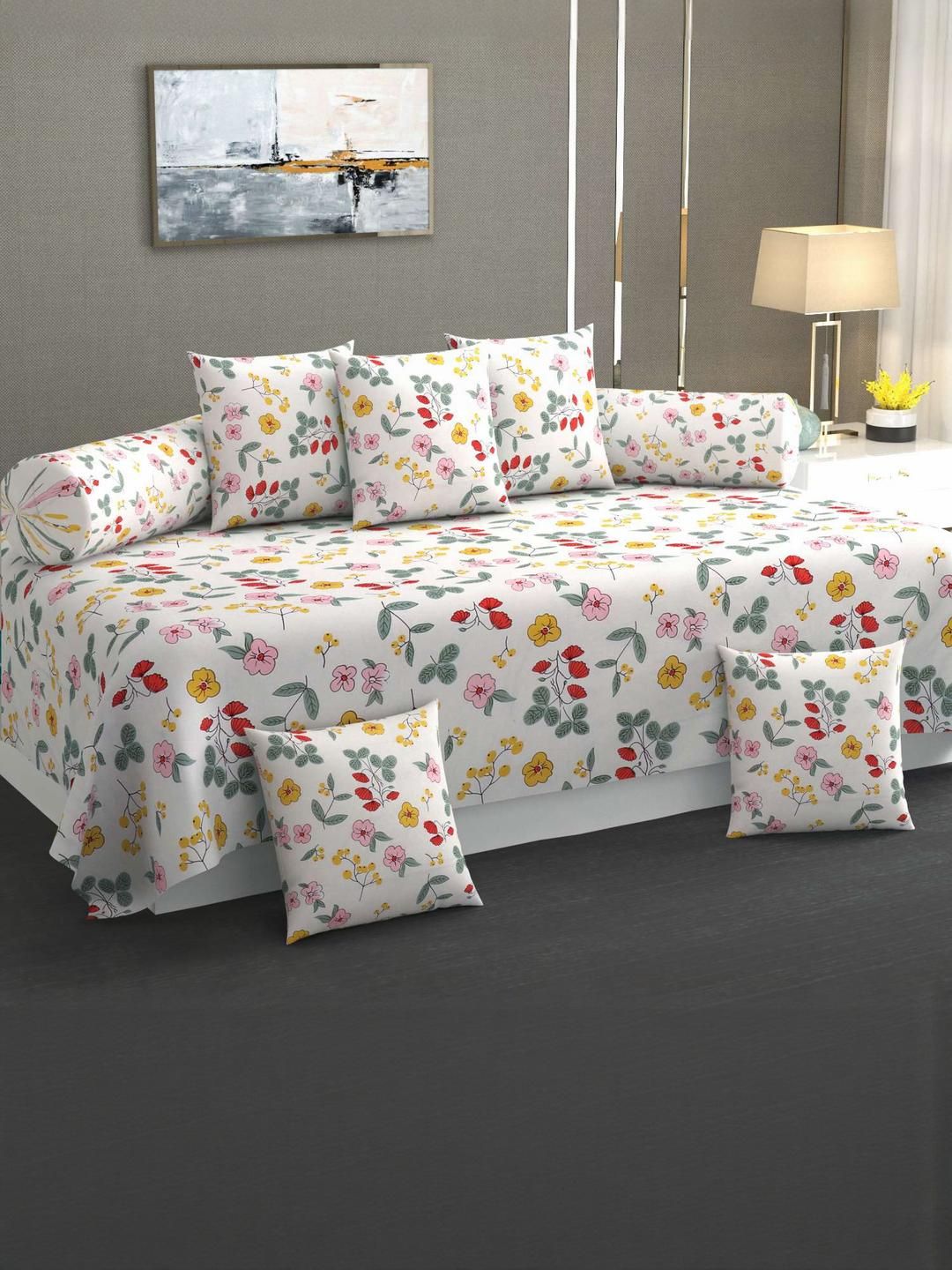 HIYANSHI HOME FURNISHING White & Red Floral Printed Diwan Set