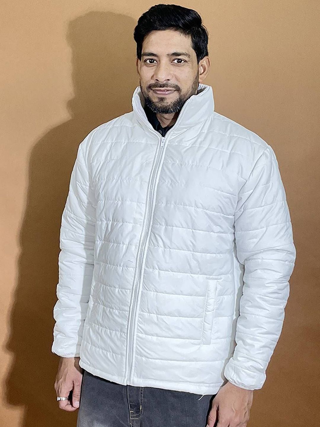 Stylecast X Kotty Striped Stand Collar Lightweight Puffer Jacket