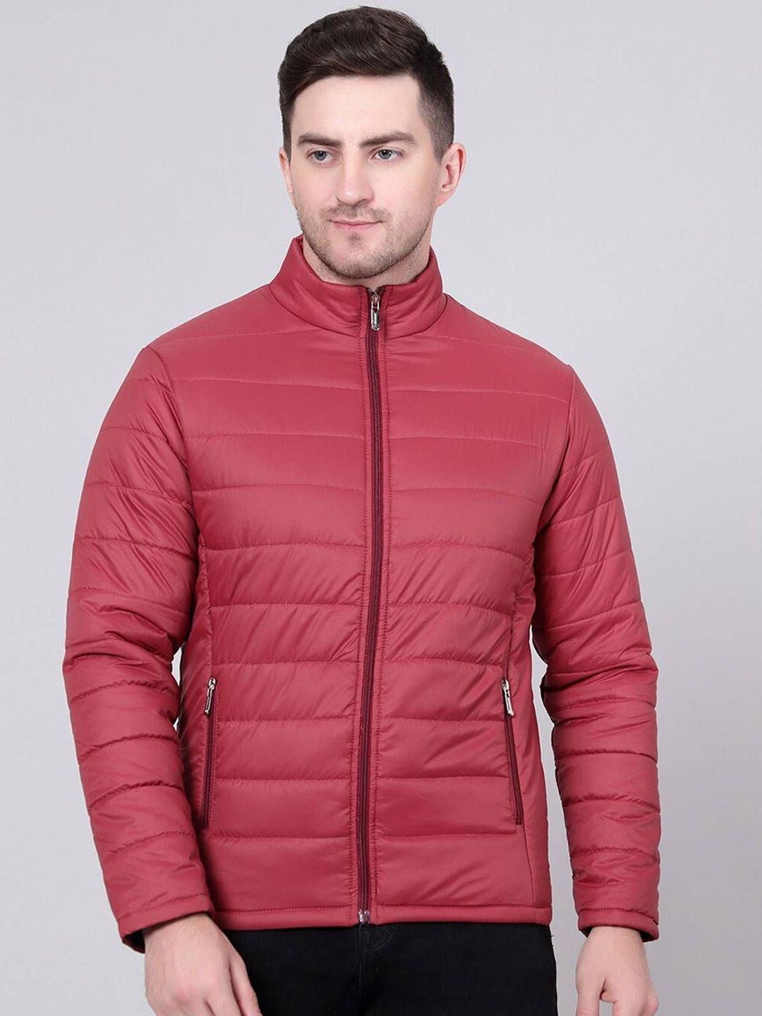 Stylecast X Kotty Striped Stand Collar Lightweight Puffer Jacket