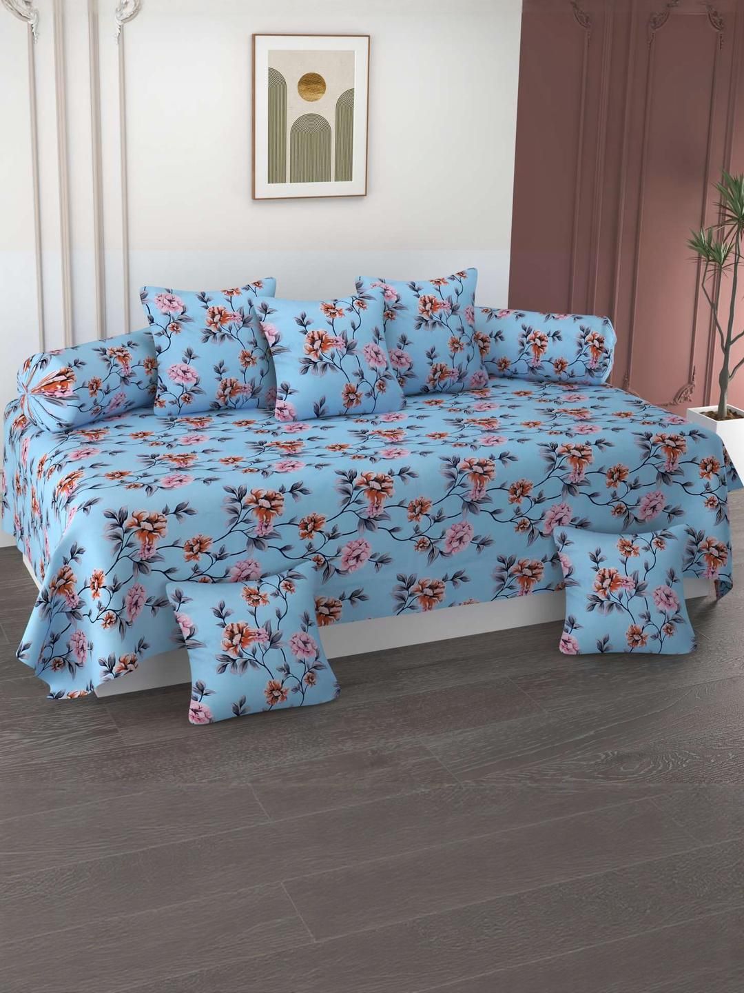 Hiyanshi Home Furnishing Blue Floral Printed Cotton 8-Piece Diwan Set