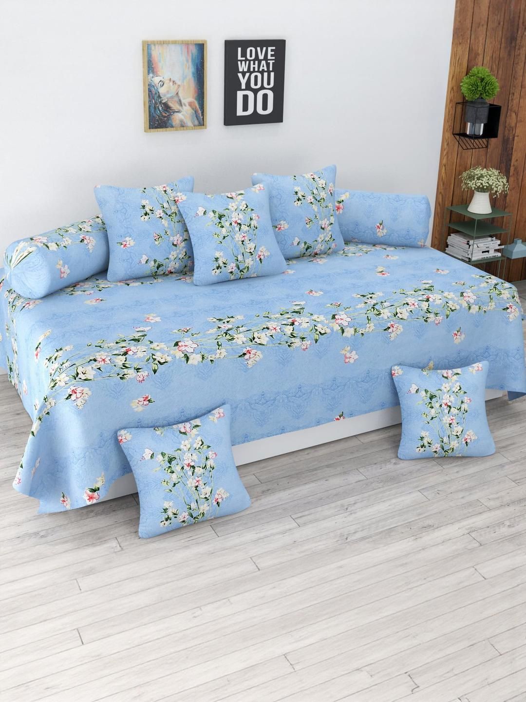HIYANSHI HOME FURNISHING Blue 8 Pcs Floral Printed Cotton Diwan Set