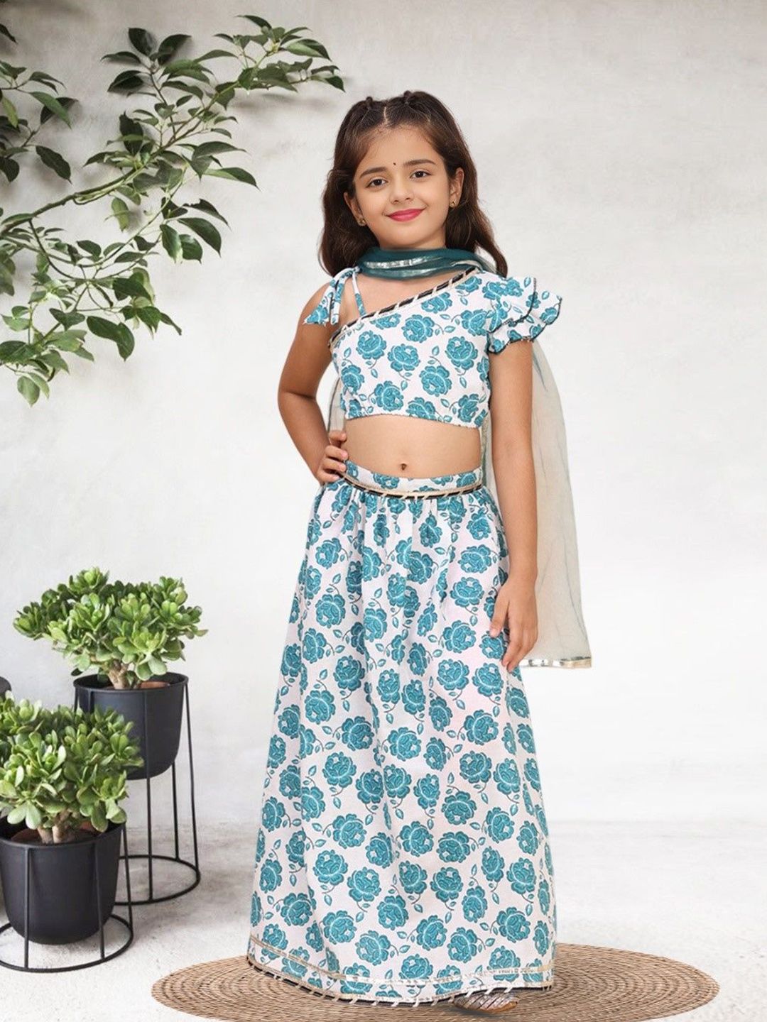 Cutiekins Girls Floral Printed Cotton Ready to Wear Lehenga & Blouse With Dupatta
