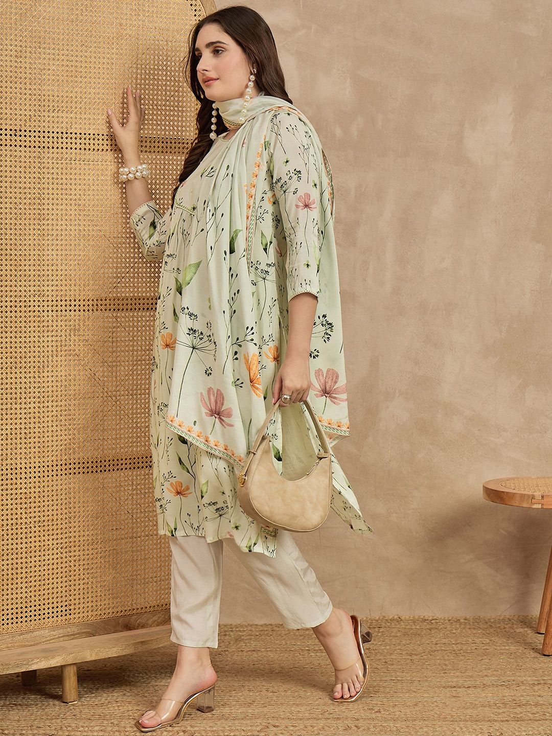 HERE&NOW Women Floral Printed A-Line Kurta with Trouser & Dupatta