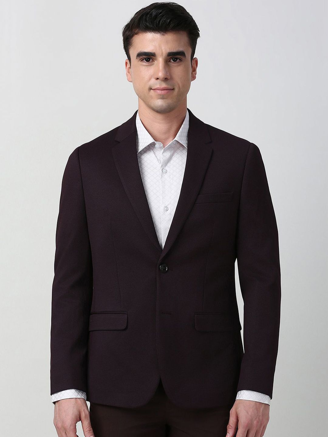 Peter England Elite Textured Slim-Fit Single Breasted Formal Blazer