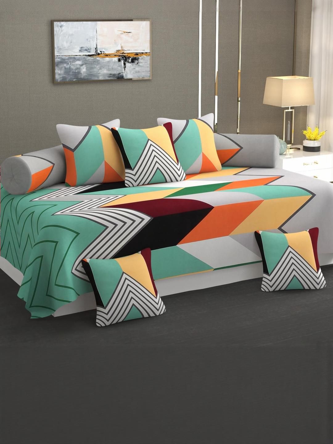 HIYANSHI HOME FURNISHING Cotton 8-Piece Diwan Set, 5 Cushion Covers & 2 Bolster Covers