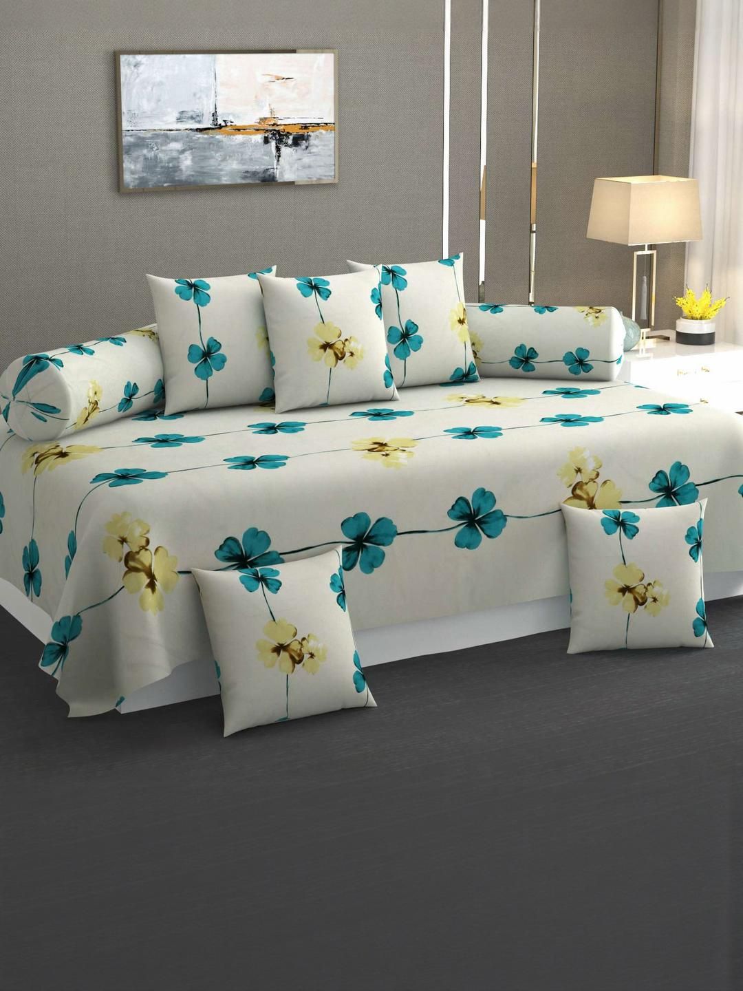 HIYANSHI HOME FURNISHING White & Blue Floral Printed Diwan Set