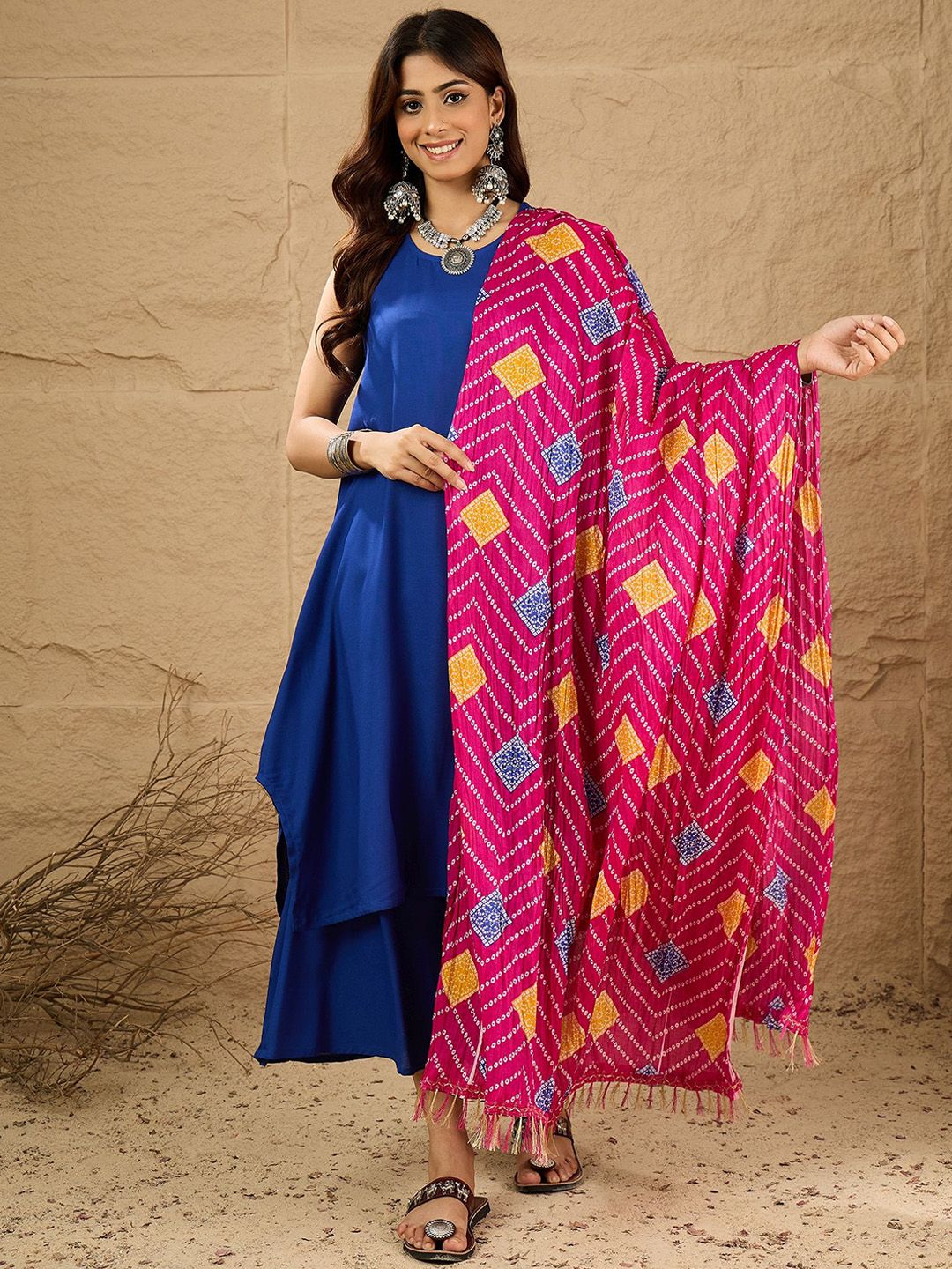 InWeave Women Solid A-Line Kurta with Palazzos & Dupatta