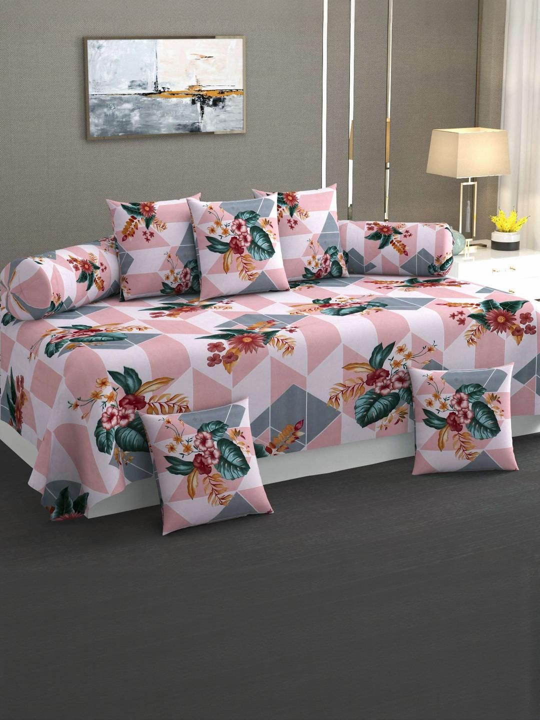 Hiyanshi Home Furnishing 8-Piece Diwan Set1 Bedsheet 5 Cushion Covers 2 Bolster Covers