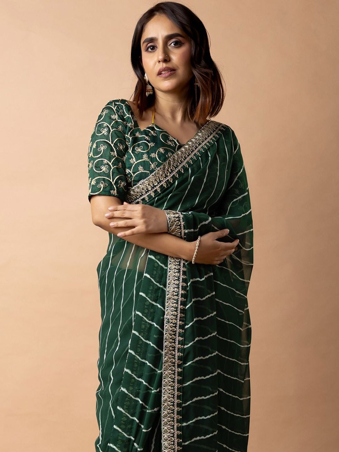 KALINI Leheriya Printed Saree With Embroidered Border