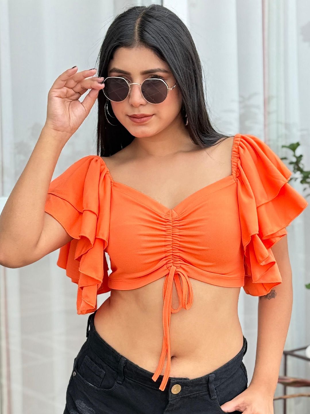 BAESD Women Solid Sweetheart Neck Flutter Sleeve Crop Top