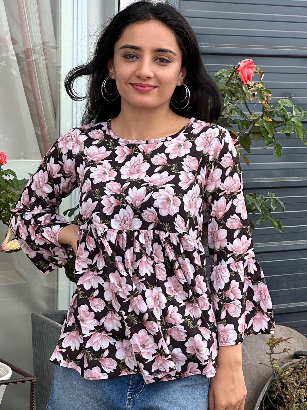 BAESD Women Floral Print Bell Sleeve Crepe Top