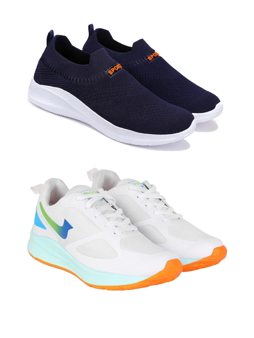 PENNEN Men Set Of 2 White & Navy Blue Synthetic Lace-Ups Non-Marking Running Shoes