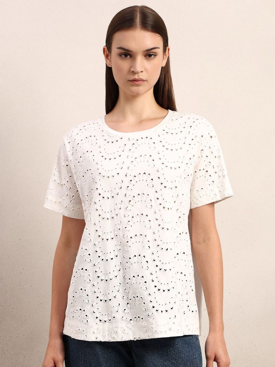 Women Cotton T-shirt Vero Moda Women Self Design Round Neck Cotton T-shirt
