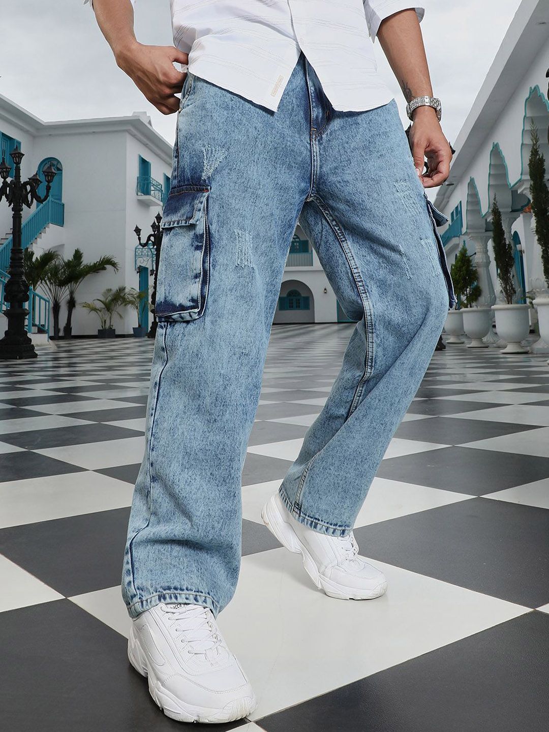 CAHOOT Men Comfort Fit Mid-Rise Heavy Fade Stretchable Cargos Jeans