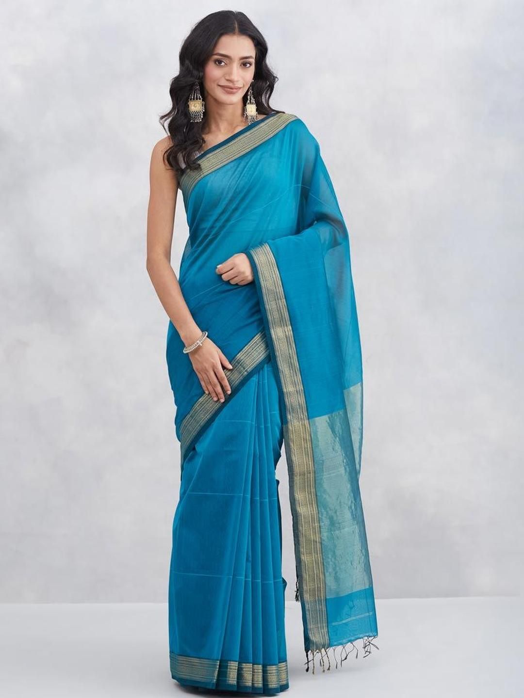 Fabindia Fabindia Solid Saree With Woven Design Zari Border
