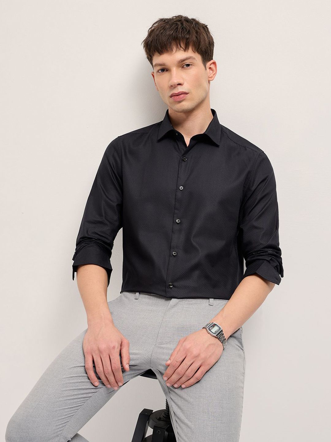 THE BEAR HOUSE Men Textured Spread Collar Formal Shirt
