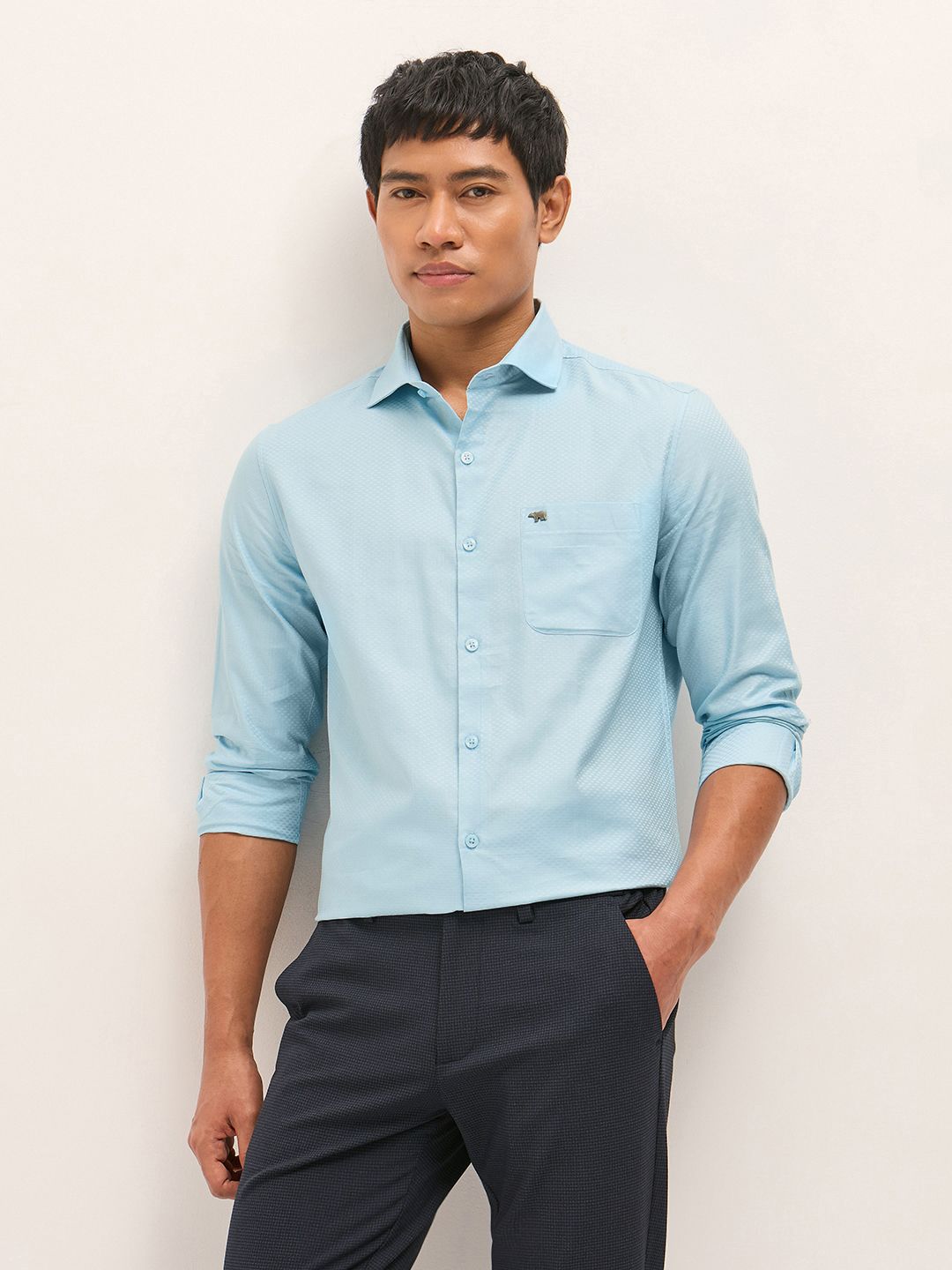 THE BEAR HOUSE Men Textured Spread Collar Pure Cotton Formal Shirt