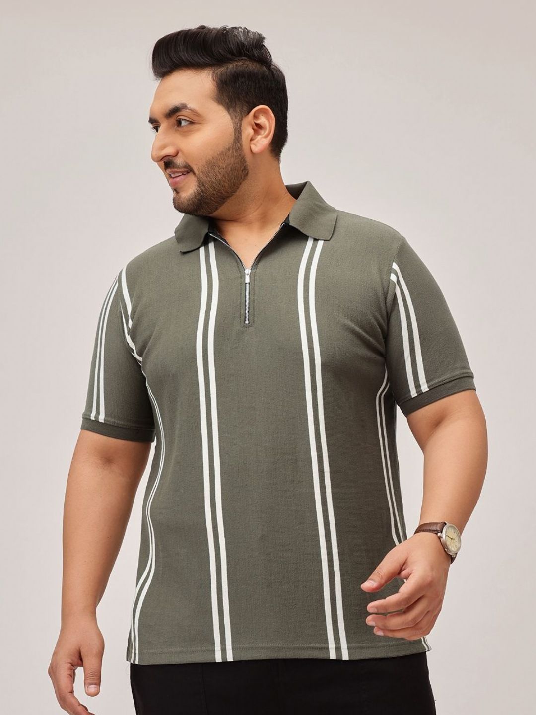 UNSTD Men Plus Size Cotton Polo Collar Striped Casual T-shirt