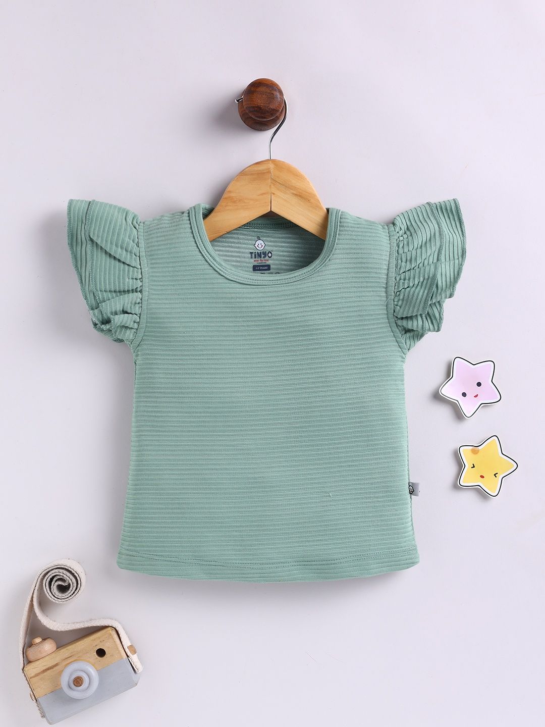 トップス YK Buy YK X Tinyo Self Striped Flutter Sleeve Cotton Top - Tops for