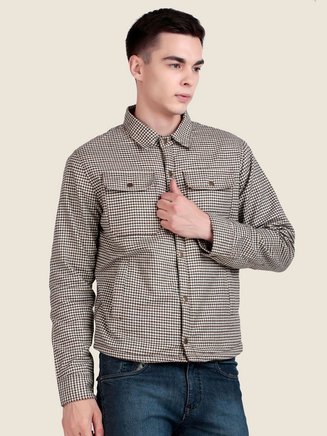 Leather Retail Men Spread Collar Checked Lightweight Woollen Tailored Jacket