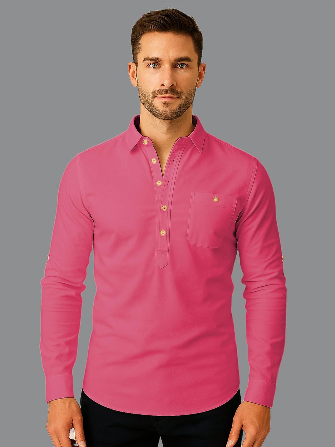 Yugnik Men Solid Shirt Collar Cotton Kurta