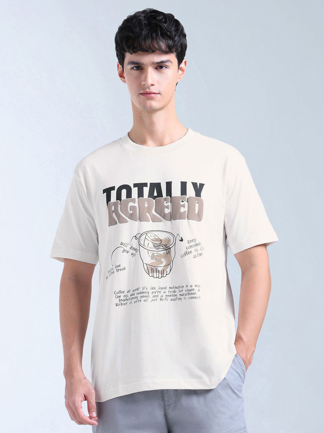 Flying Machine Flying Machine Typography Printed Round Neck Drop-Shoulder Sleeves Pure Cotton T-shirt