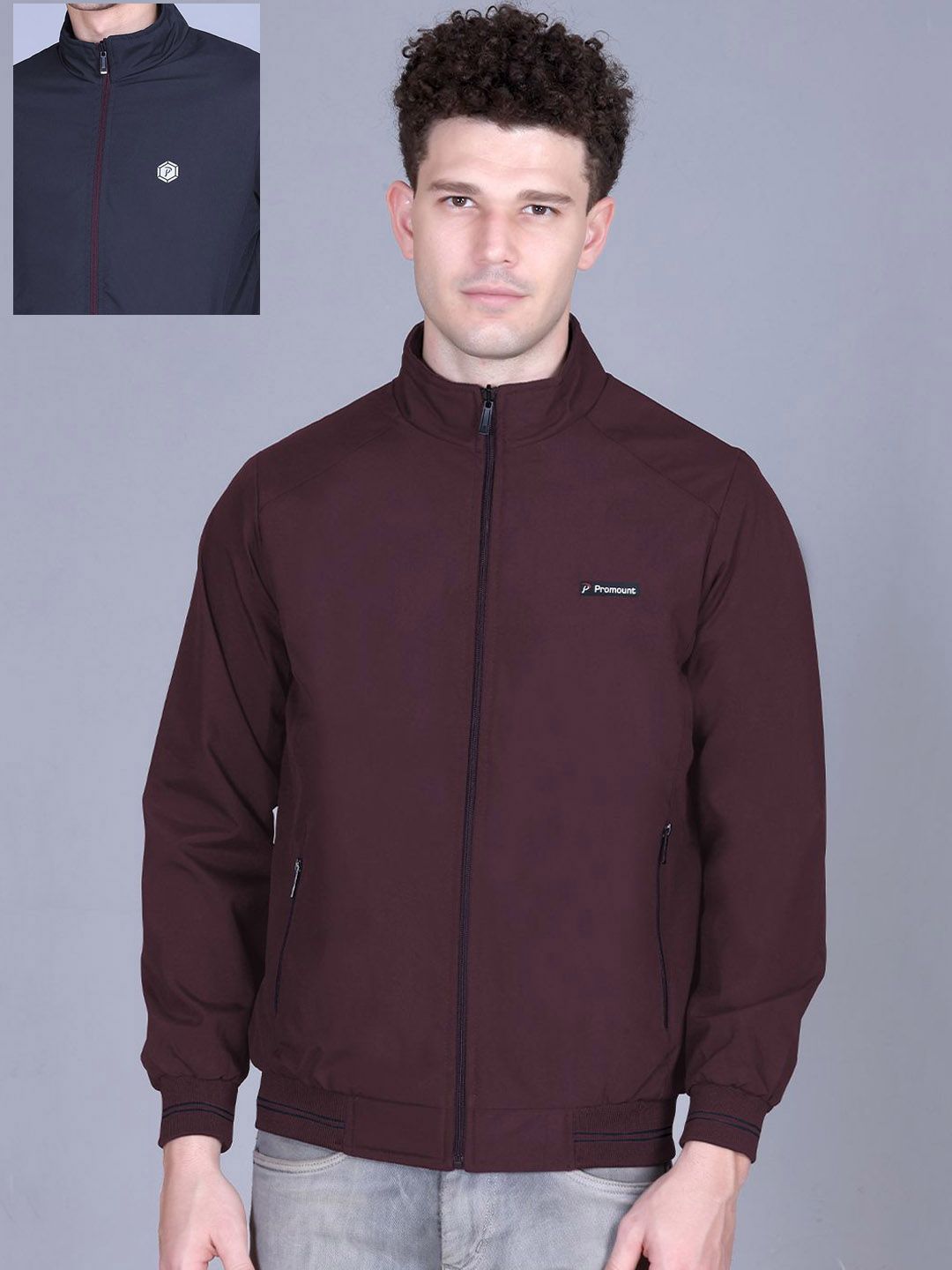 MOUNTAIN COLOURS Men Mock Collar Solid Reversible Bomber Jacket