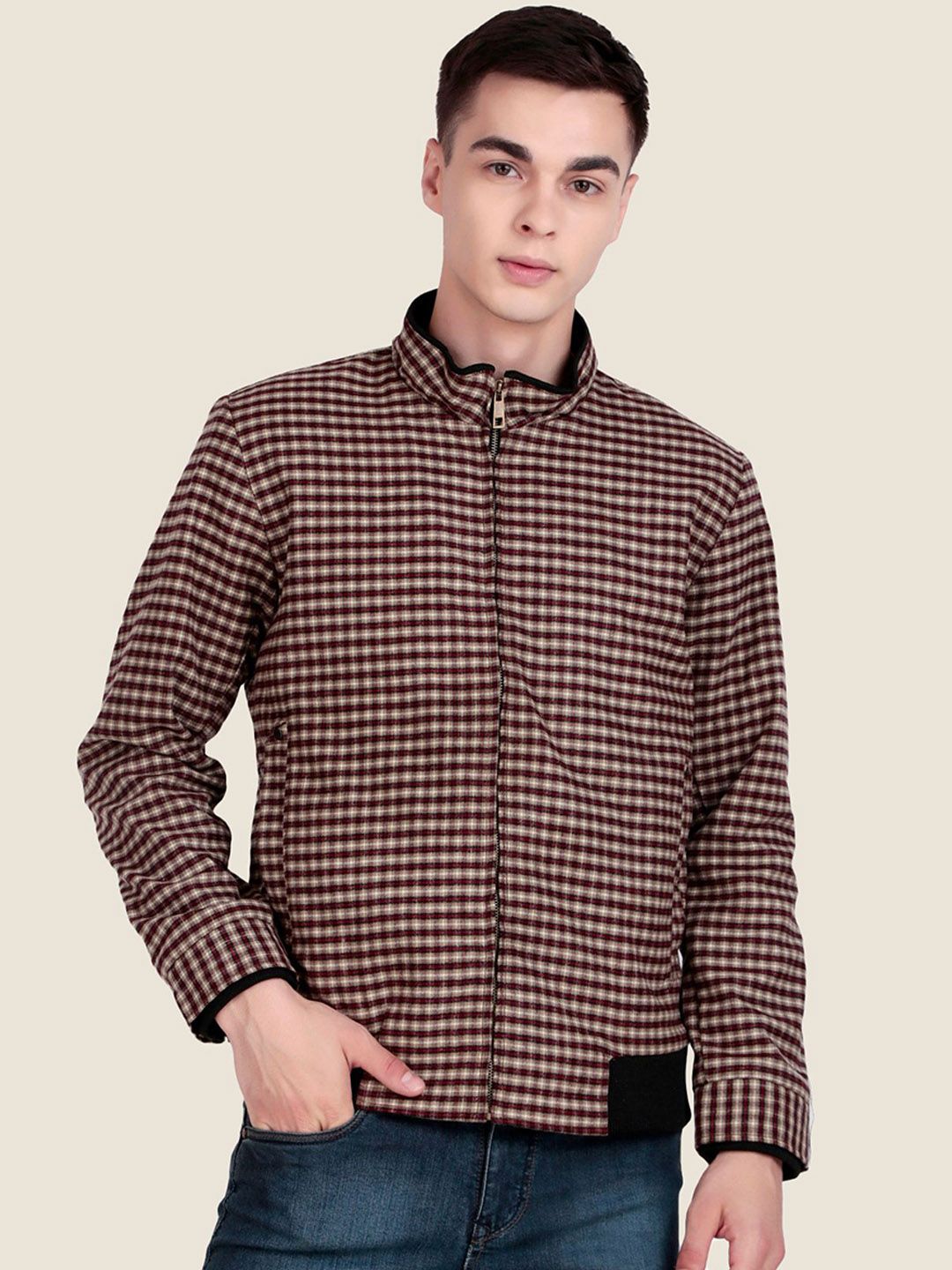 Leather Retail Men Mock Collar Checked Lightweight Woollen Bomber Jacket