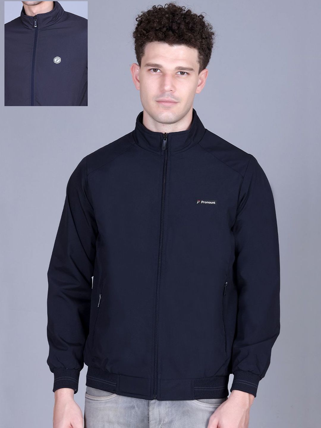 MOUNTAIN COLOURS Men Mock Collar Solid Reversible Bomber Jacket